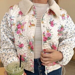 For Love & Lemons Marlee Cropped Puffer Coat Jacket Quilted Floral